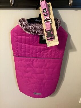Eddie Bauer Pink Quilted Dog Jacket with Sherpa Lining & True Canine Collar
